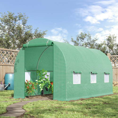 Outsunny 15X 6 X 7 Walk-in Tunnel Greenhouse Garden Plant Growing House With Door And Ventilation Window, Green