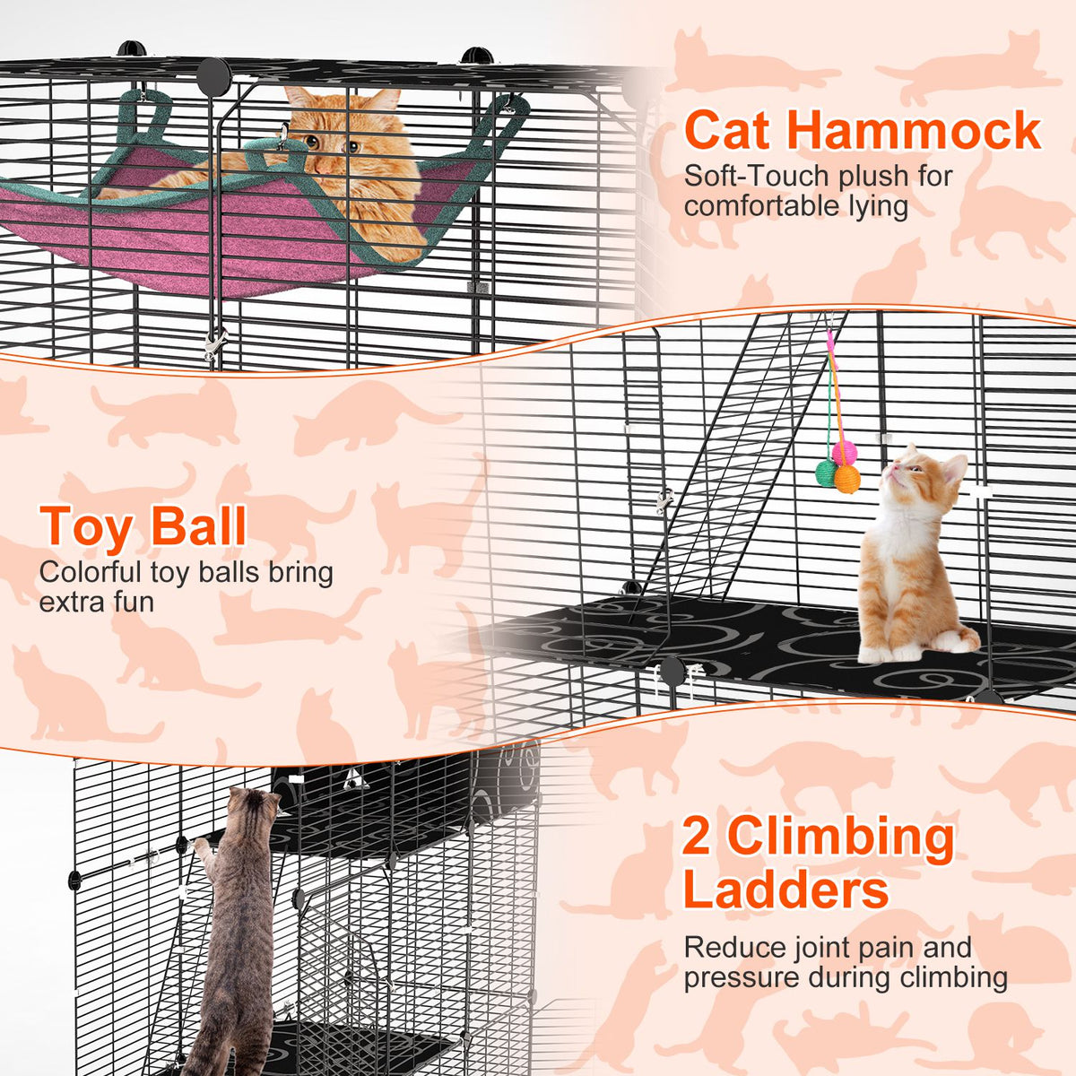 3-Tier Cat Cage Enclosure Indoor Cat Cage Playpen With Hammock Toy Ball Ladder DIY Iron Wire Cat House Kennels Crate For