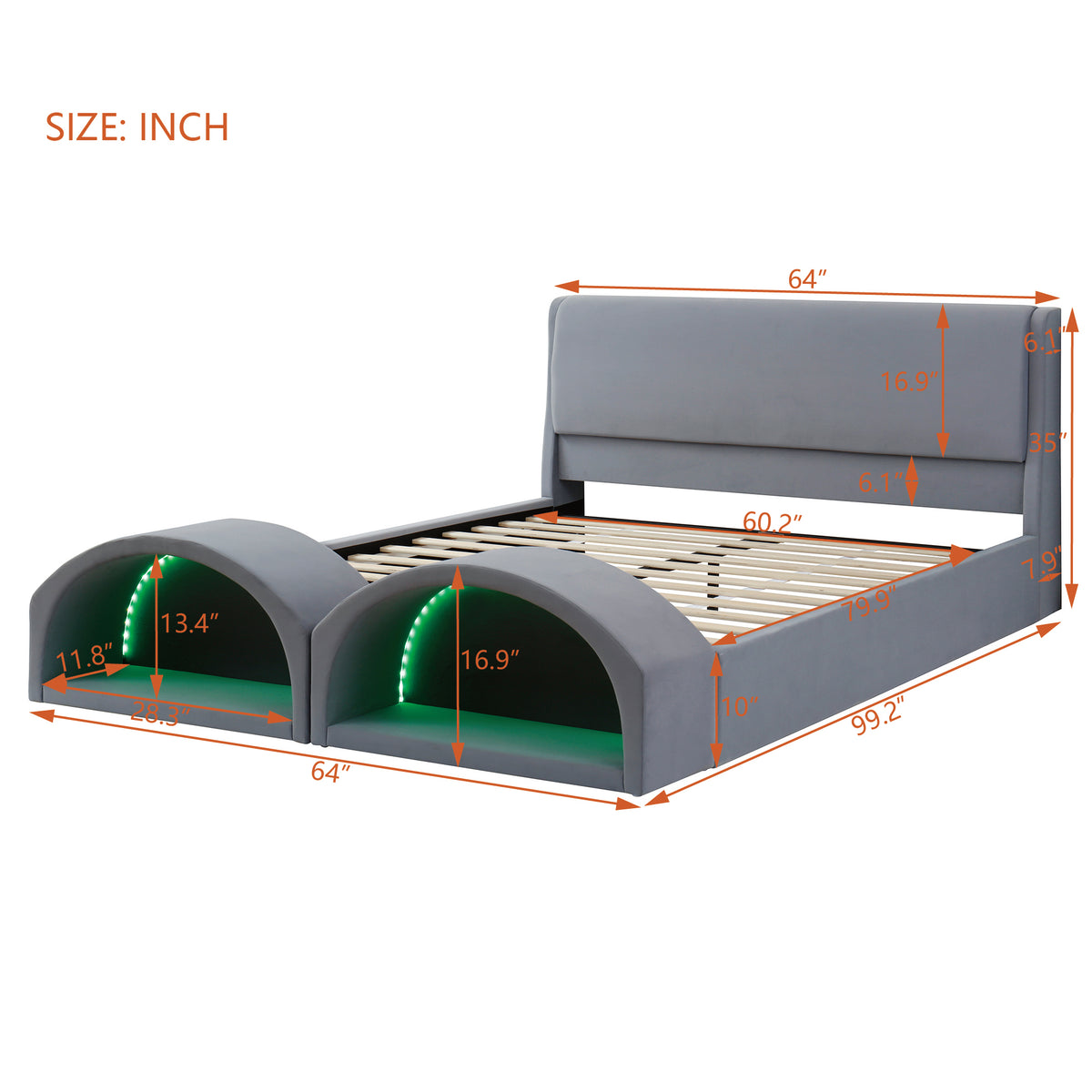 Queen Size Upholstered Platform Bed Frame with Dual Cat Caves, LED Lighted Pet Nests at Footboard, Gray