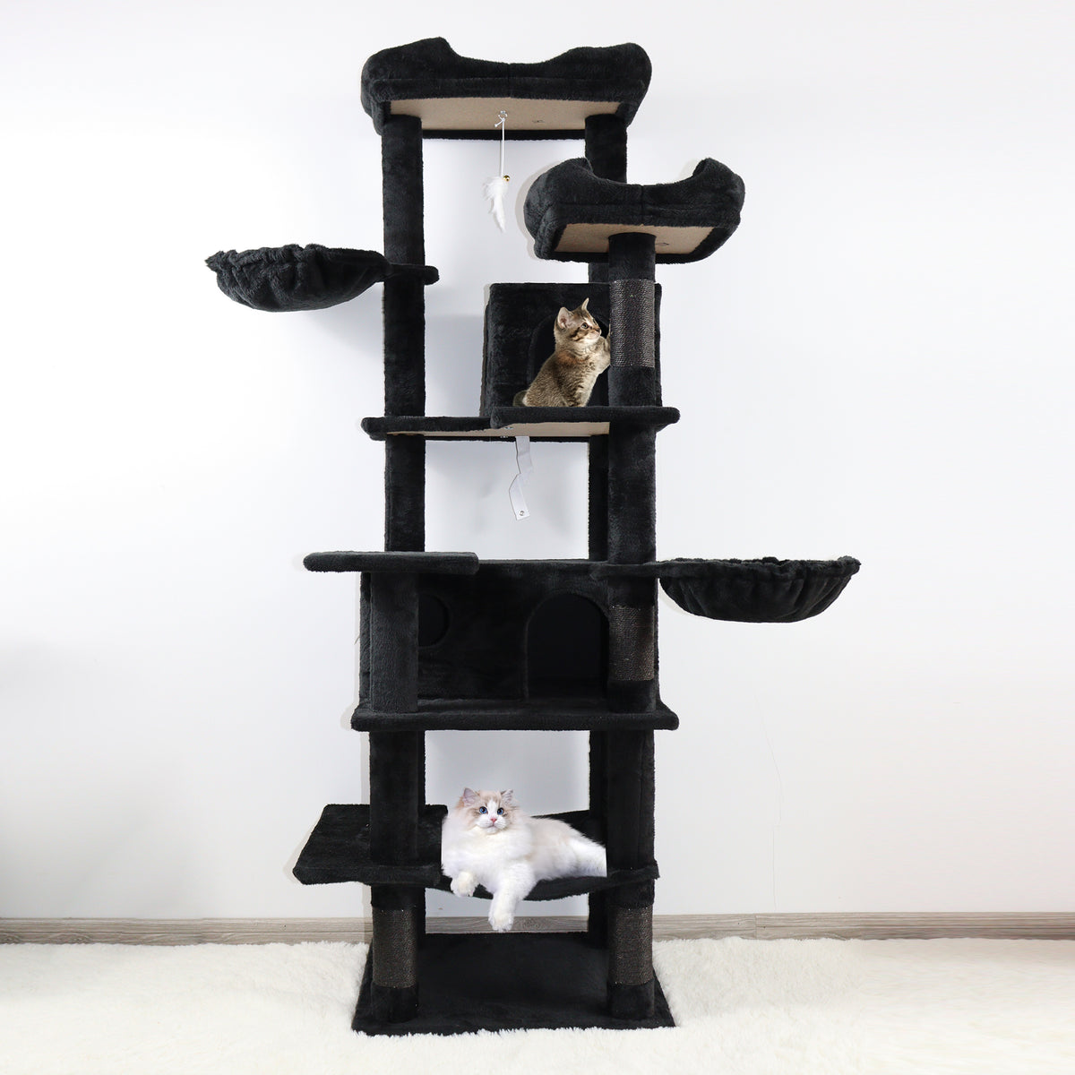 68in Tall Multi-Level Green Cat Tree with Hammocks, Hanging Basket, Cat Cave, Removeable Cushion, Scratching Posts - Plu