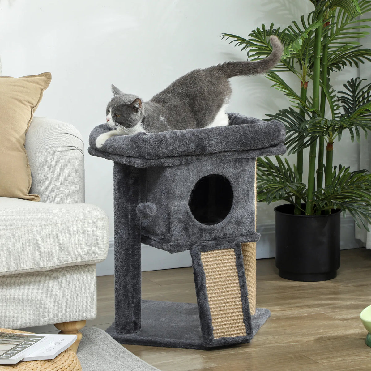Cat Tree, Small Cat Tower with Perch, Scratching Post, Cat Condo, Toy Ball for Kitty, Indoor Use, Dark Grey
