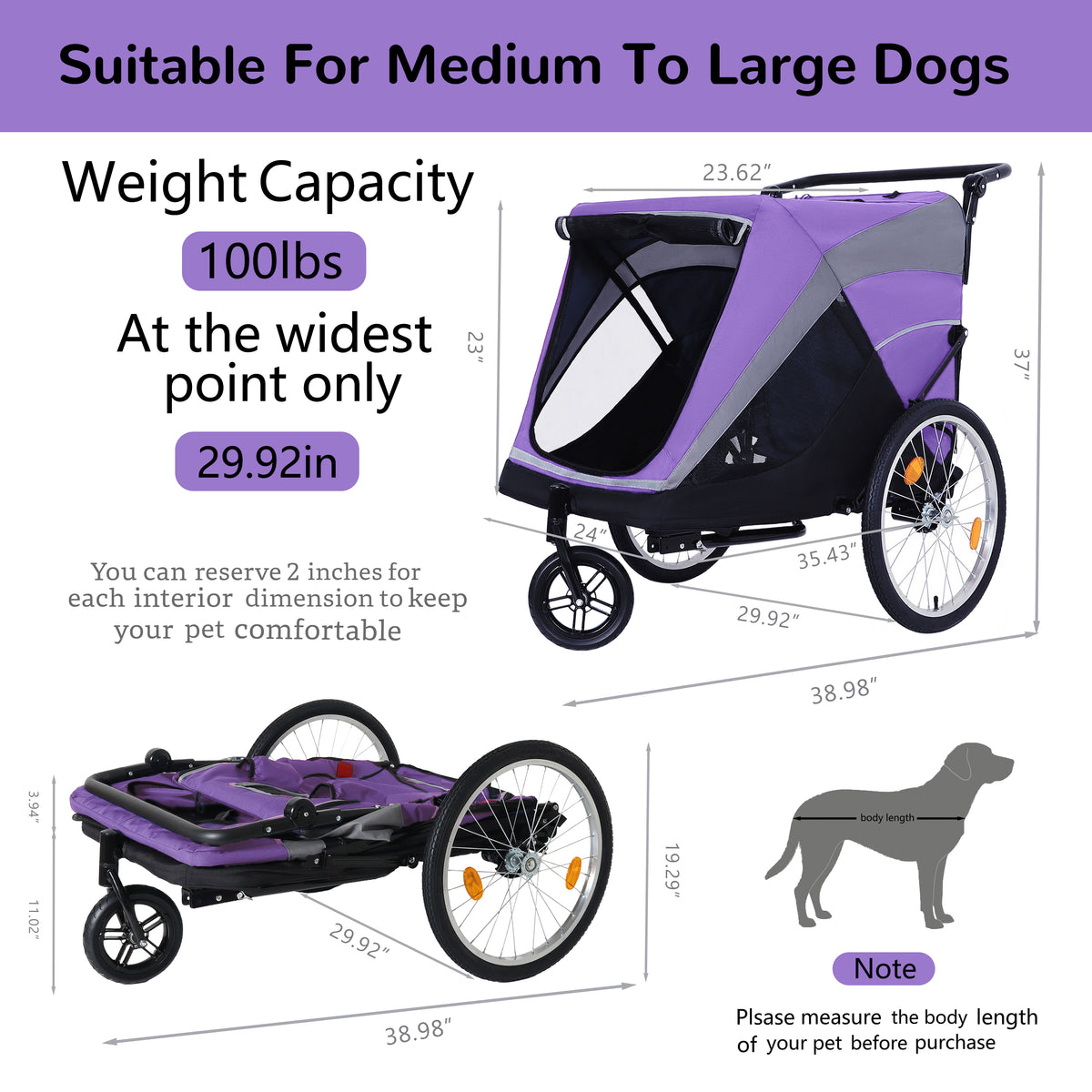 2-in-1 Bike Trailer & Push Cart for Pets - Detachable Bike Hitch & Push Handle Included - Quick Release Wheel, Internal 