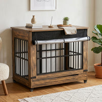 46in Large Dog Crate Furniture, Double Door Wooden Indoor Dog Kennel Furniture, Decorative Pet Cage End Table With Wheel