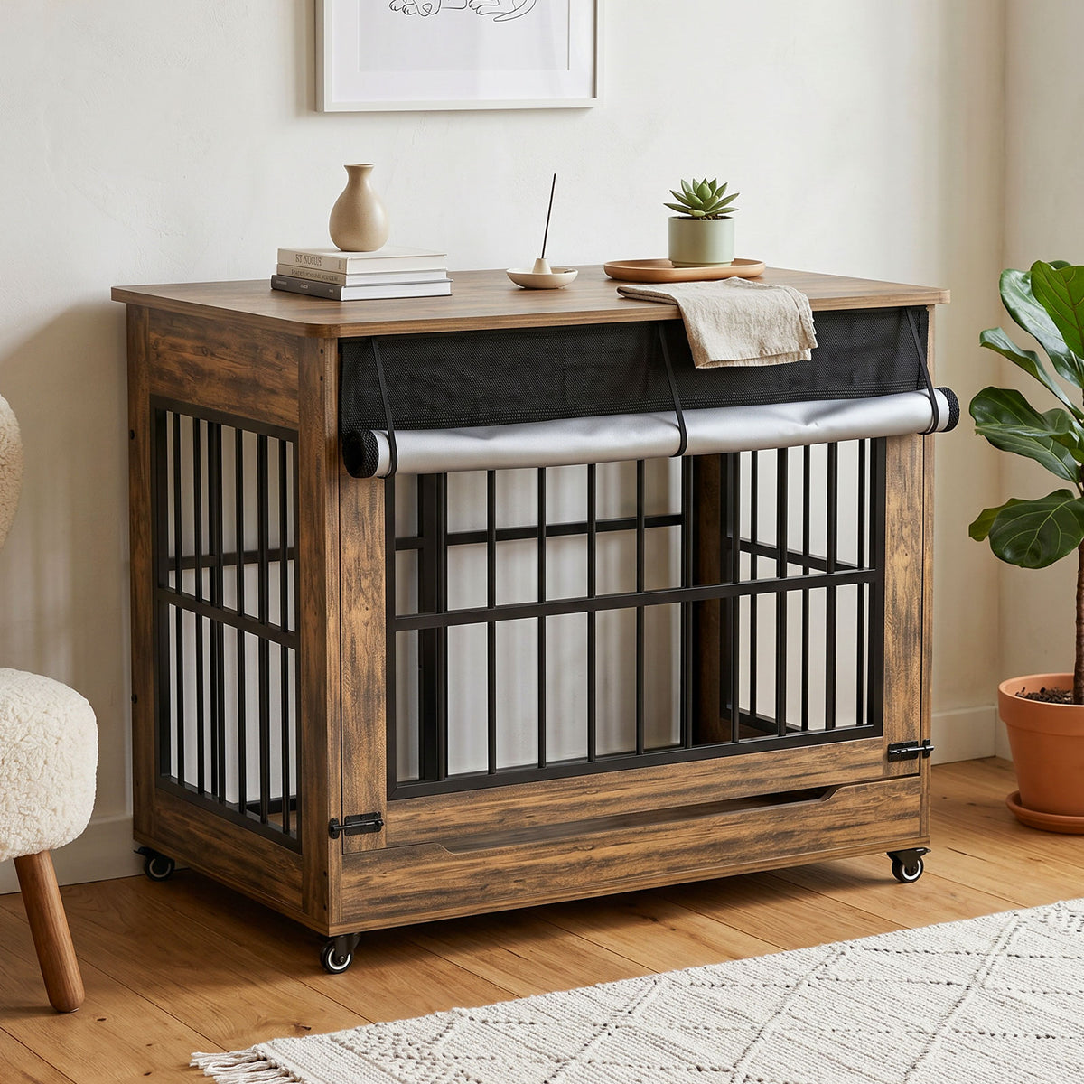 46in Large Dog Crate Furniture, Double Door Wooden Indoor Dog Kennel Furniture, Decorative Pet Cage End Table With Wheel