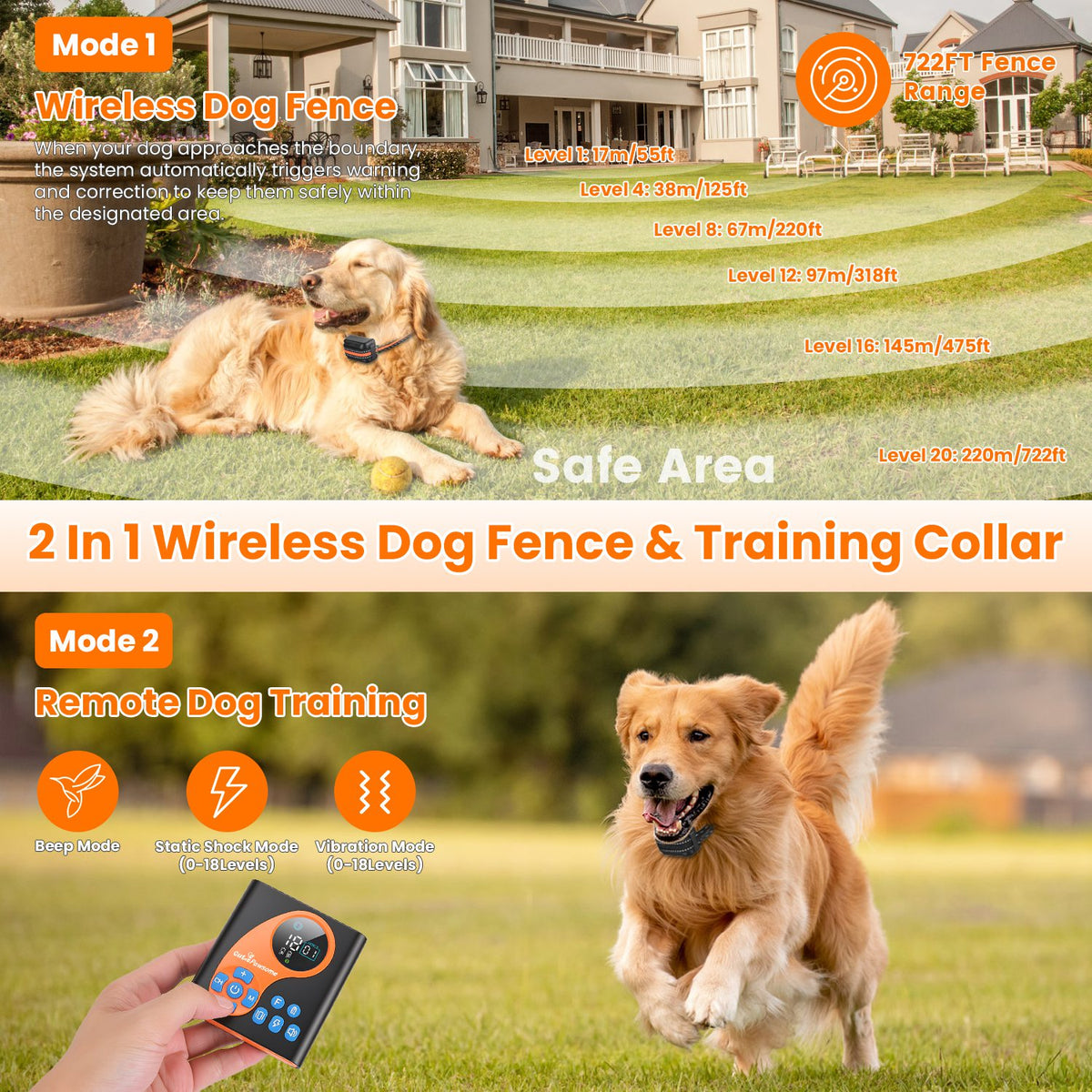 2 In 1 Wireless Dog Fence System With Training Collar Invisible Dog Fence IP68 Waterproof With 722FT Adjustable Range Be