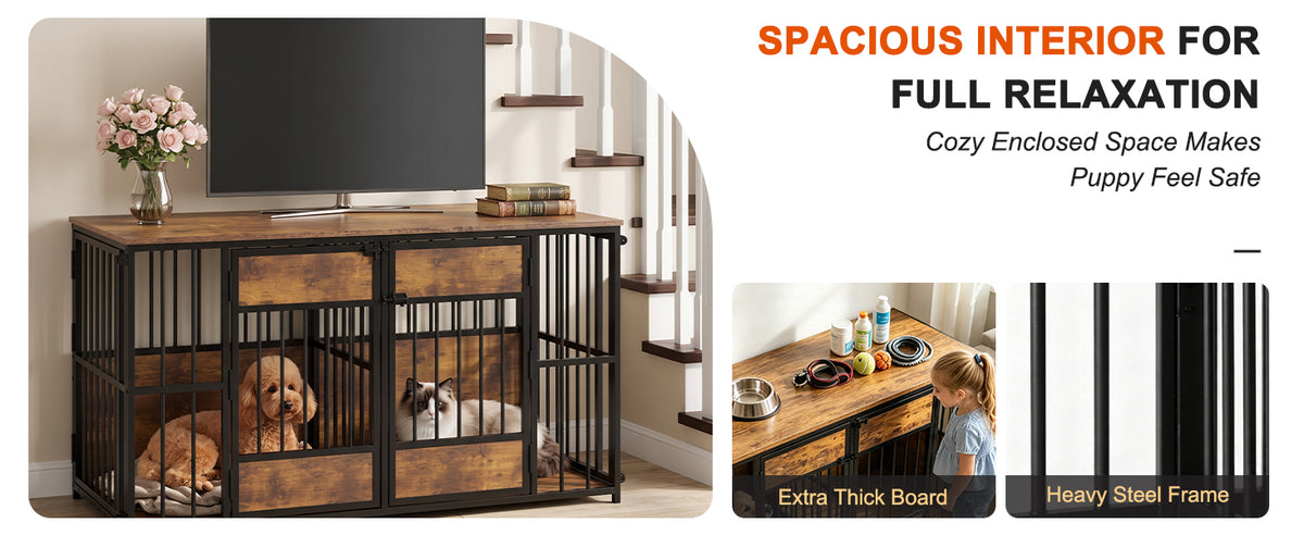 Wooden Dog Crate Furniture, Large Dog Kennel with Storage Top, Indoor Pet Cage