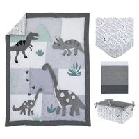 Baby-Saurus Gray, White, and Green Triceratops, Brontosaurus, and Tyrannosaurus Dinosaurs with Mountains and Leaves 4 Piece Nursery Crib Bedding Set - Comforter, 100% Cotton Fitted Crib Sheet, Crib Skirt, and Storage - BIG FRENCHIES