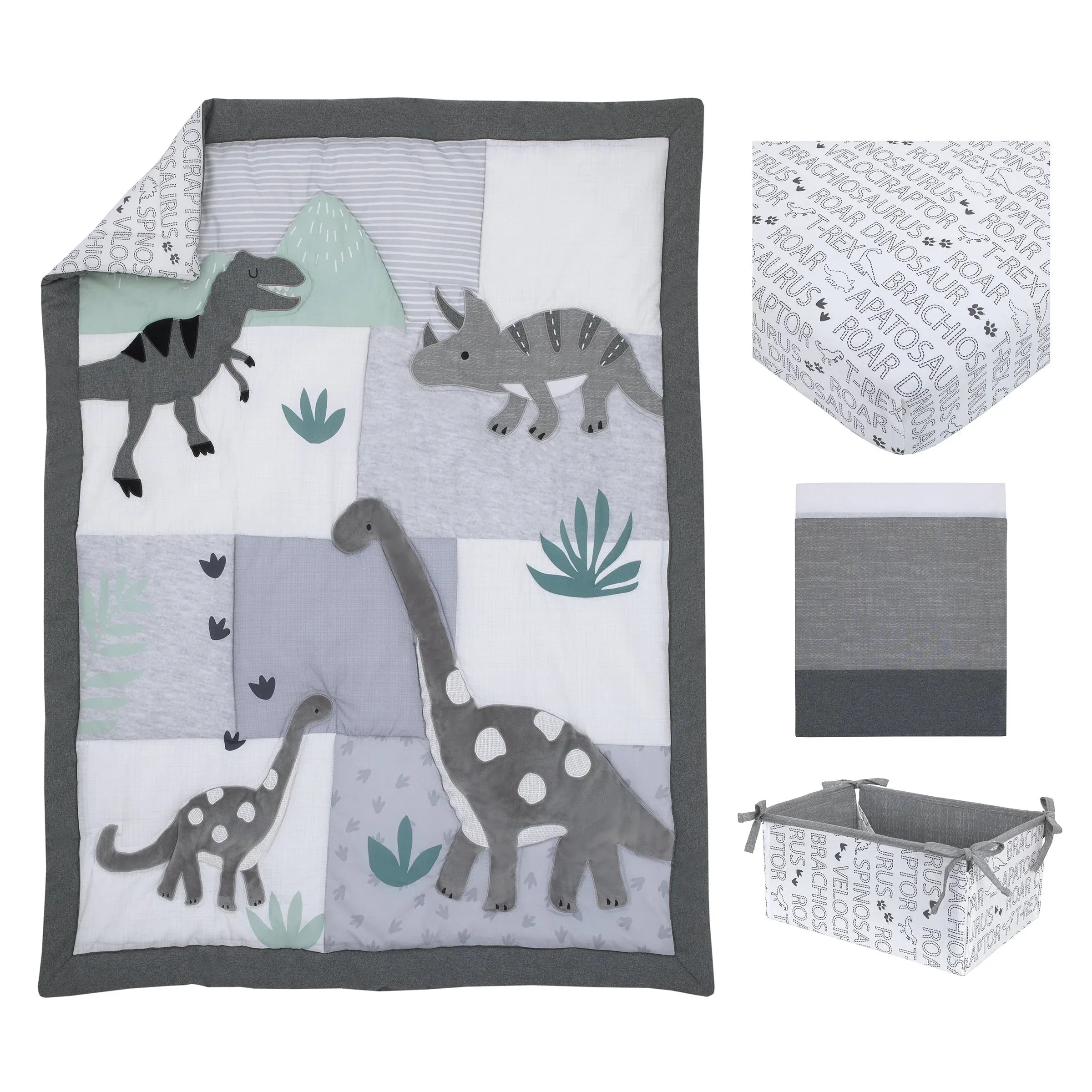 Baby-Saurus Gray, White, and Green Triceratops, Brontosaurus, and Tyrannosaurus Dinosaurs with Mountains and Leaves 4 Piece Nursery Crib Bedding Set - Comforter, 100% Cotton Fitted Crib Sheet, Crib Skirt, and Storage - BIG FRENCHIES
