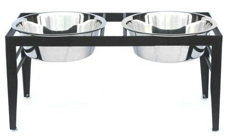 PetsStop Chariot Double Elevated Dog Bowl, Medium/Black, Angle Iron Legs and Two 2 Qt Stainless Bowls