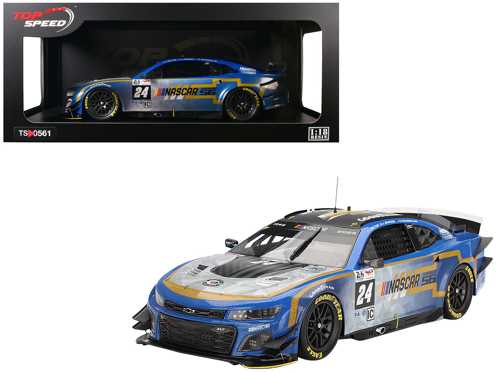 Chevrolet Camaro ZL1 #24 Jenson Button - Jimmie Johnson - Mike Rockenfeller (Post-Race Weathered Version) "Hendrick Motorsports - NASCAR Next Gen Garage 56" Innovative "24 Hours of Le Mans" (2023) 1/18 Model Car by Top Speed  free shipping USA