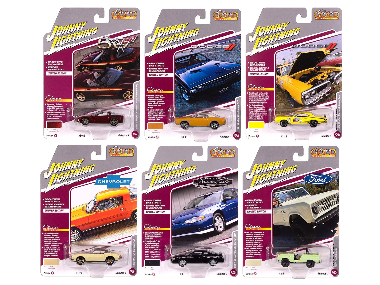 "Classic Gold Collection" 2025 Release 1 Set B of 6 Cars 1/64 Diecast Model Cars by Johnny Lightning  free shipping USA