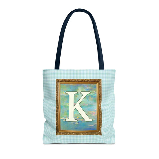 Claude Monet Water Lily Tote Bag with Letter, Colorful Initial Tote Bag with Gingham and Vintage Aesthetic Toile: K - BIG FRENCHIES