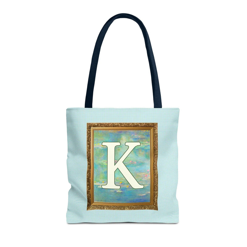 Claude Monet Water Lily Tote Bag with Letter, Colorful Initial Tote Bag with Gingham and Vintage Aesthetic Toile: K - BIG FRENCHIES