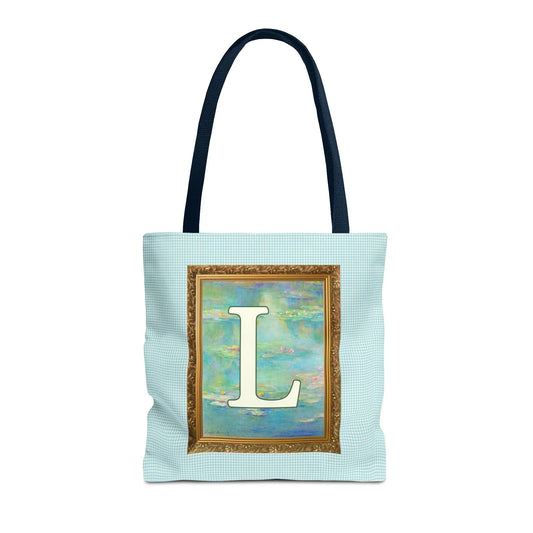 Claude Monet Water Lily Tote Bag with Letter, Colorful Initial Tote Bag with Gingham and Vintage Aesthetic Toile: L - BIG FRENCHIES