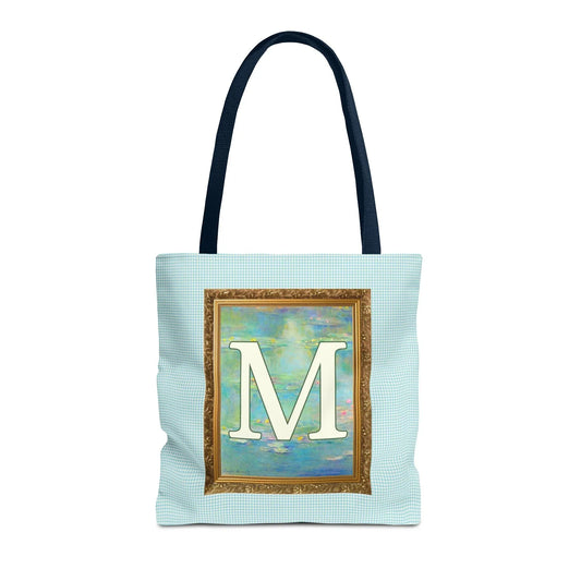 Claude Monet Water Lily Tote Bag with Letter, Colorful Initial Tote Bag with Gingham and Vintage Aesthetic Toile: M - BIG FRENCHIES