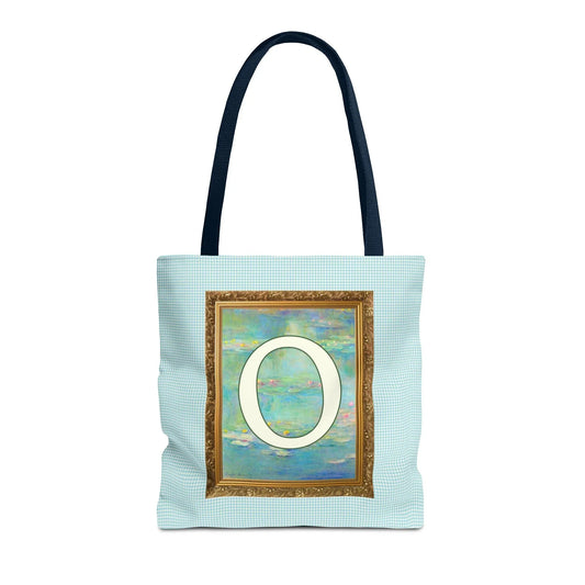 Claude Monet Water Lily Tote Bag with Letter, Colorful Initial Tote Bag with Gingham and Vintage Aesthetic Toile: O - BIG FRENCHIES