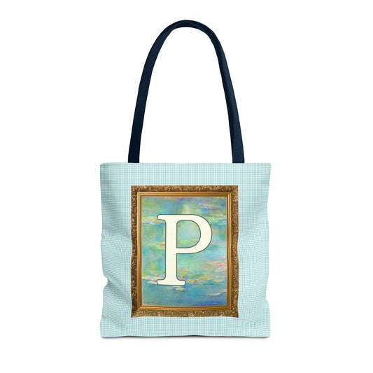 Claude Monet Water Lily Tote Bag with Letter, Colorful Initial Tote Bag with Gingham and Vintage Aesthetic Toile: P - BIG FRENCHIES