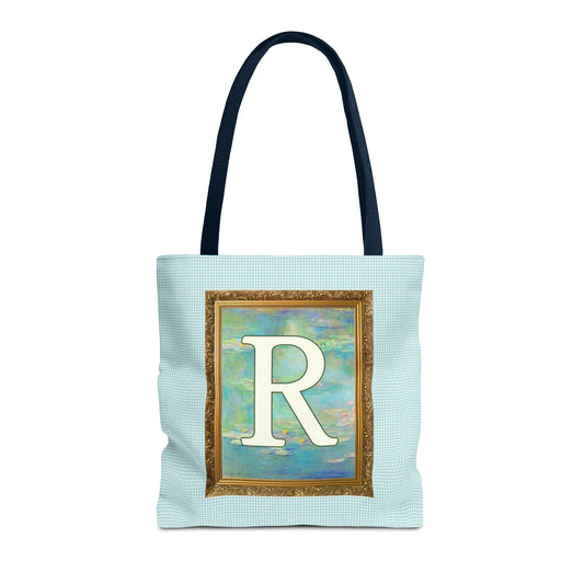 Claude Monet Water Lily Tote Bag with Letter, Colorful Initial Tote Bag with Gingham and Vintage Aesthetic Toile: R - BIG FRENCHIES