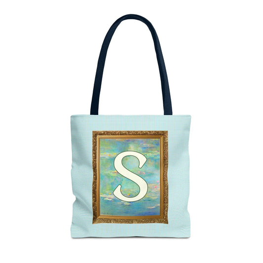 Claude Monet Water Lily Tote Bag with Letter, Colorful Initial Tote Bag with Gingham and Vintage Aesthetic Toile: S - BIG FRENCHIES