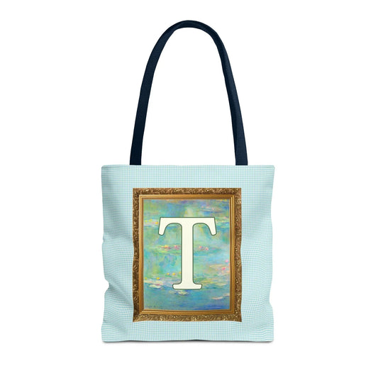 Claude Monet Water Lily Tote Bag with Letter, Colorful Initial Tote Bag with Gingham and Vintage Aesthetic Toile: T - BIG FRENCHIES
