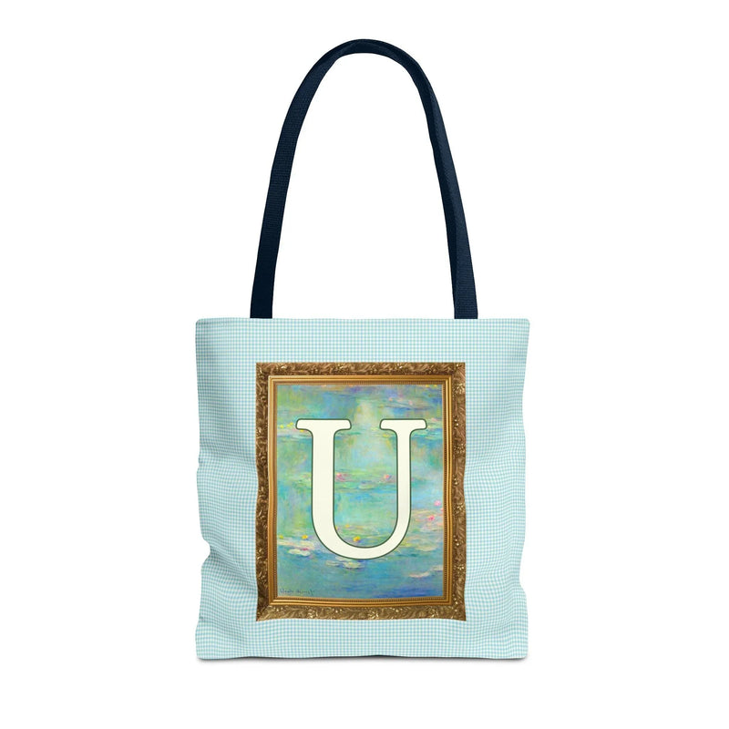 Claude Monet Water Lily Tote Bag with Letter, Colorful Initial Tote Bag with Gingham and Vintage Aesthetic Toile: U - BIG FRENCHIES