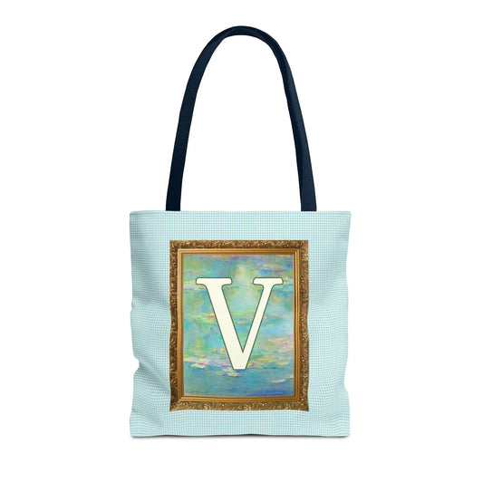 Claude Monet Water Lily Tote Bag with Letter, Colorful Initial Tote Bag with Gingham and Vintage Aesthetic Toile: V - BIG FRENCHIES