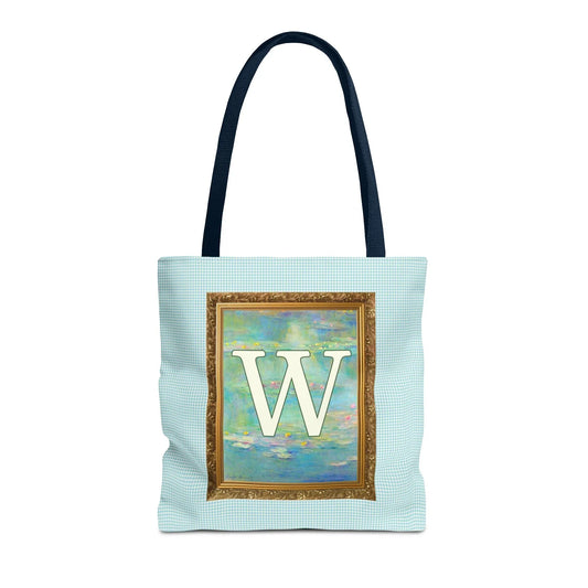 Claude Monet Water Lily Tote Bag with Letter, Colorful Initial Tote Bag with Gingham and Vintage Aesthetic Toile: W - BIG FRENCHIES