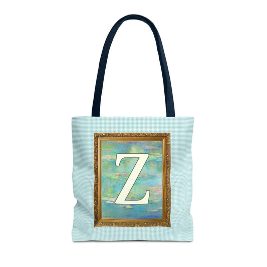 Claude Monet Water Lily Tote Bag with Letter, Colorful Initial Tote Bag with Gingham and Vintage Aesthetic Toile: Z - BIG FRENCHIES