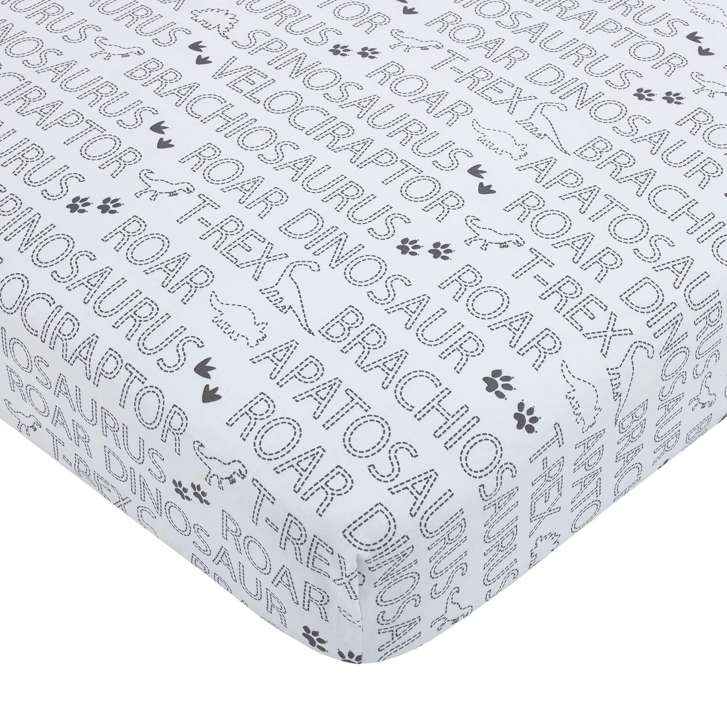 Baby-Saurus Gray, White, and Green Triceratops, Brontosaurus, and Tyrannosaurus Dinosaurs with Mountains and Leaves 4 Piece Nursery Crib Bedding Set - Comforter, 100% Cotton Fitted Crib Sheet, Crib Skirt, and Storage - BIG FRENCHIES