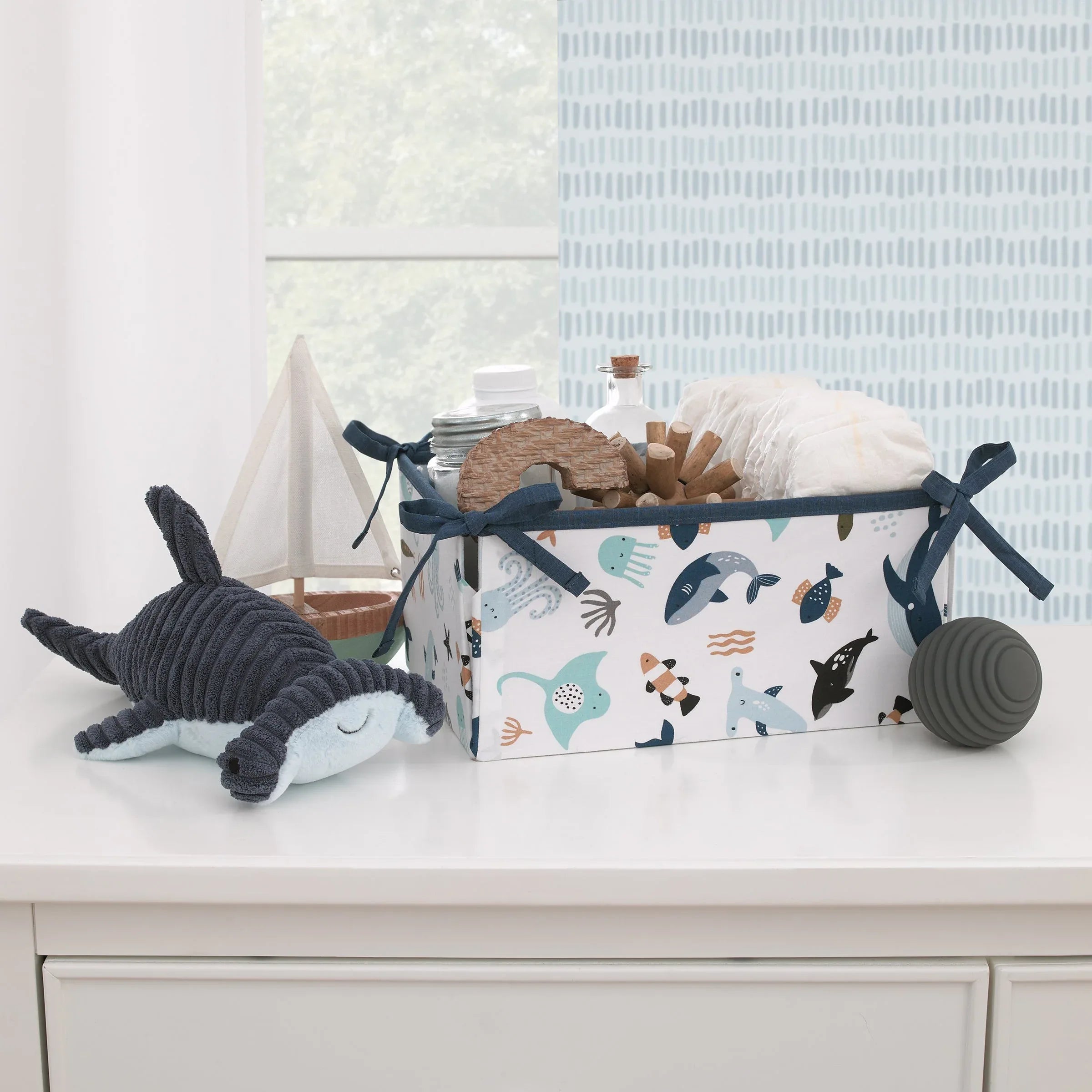 Explore Dream Discover Light Blue, Navy, Gray and Coral Ocean 4 Piece Nursery Crib Bedding Set - Comforter, 100% Cotton Fitted Crib Sheet, Crib Skirt and Nursery Organizer - BIG FRENCHIES