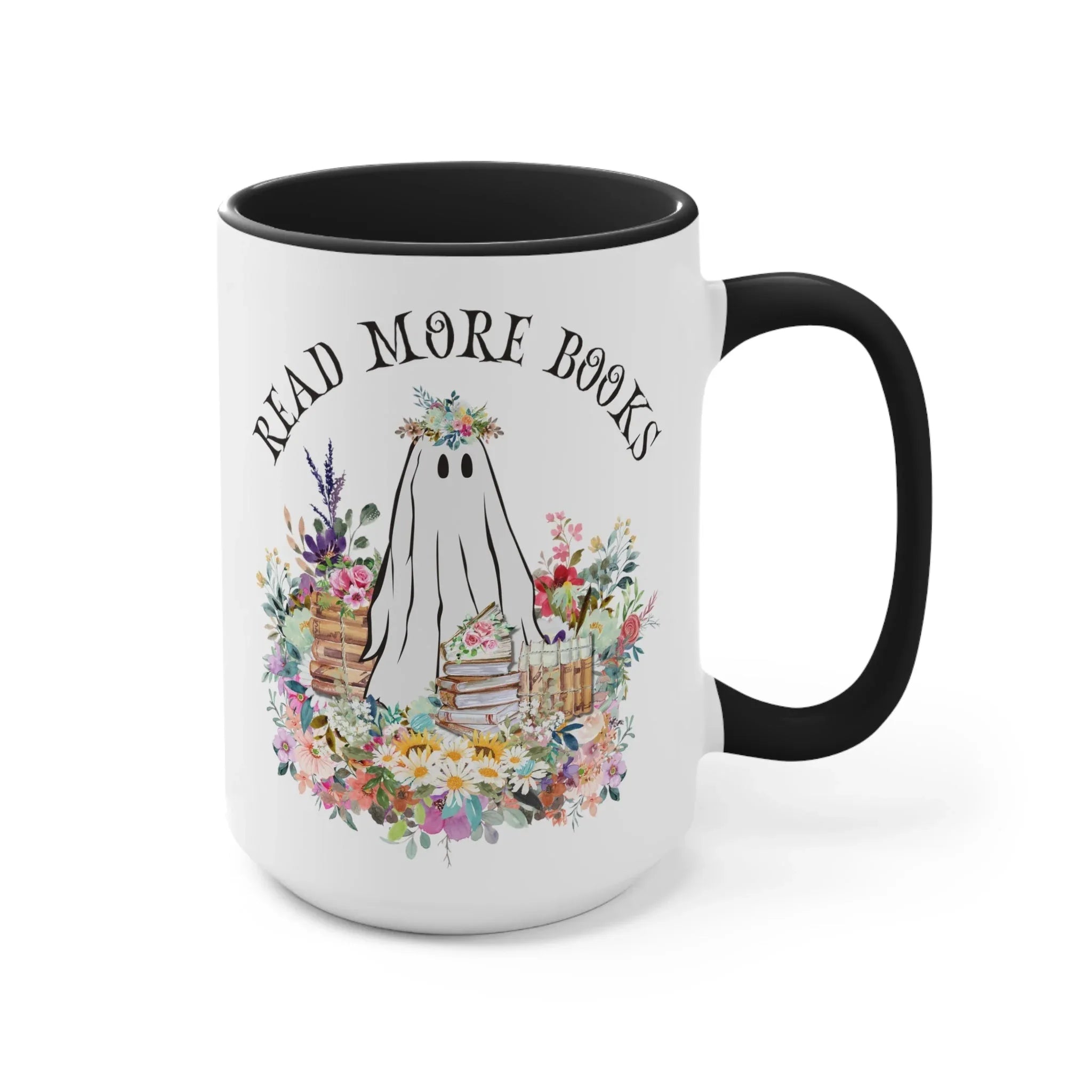 Coffee Mug for Librarian: Read More Books | 15 Oz Coffee Mug with Floral Ghost - BIG FRENCHIES
