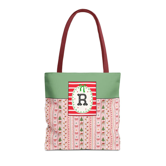 Colorful Christmas Tote Bag with Cute Doodles and Initial or Letter, Sweet Cottagecore Matching Holiday Tote Bag for Sisters or Family: R - BIG FRENCHIES
