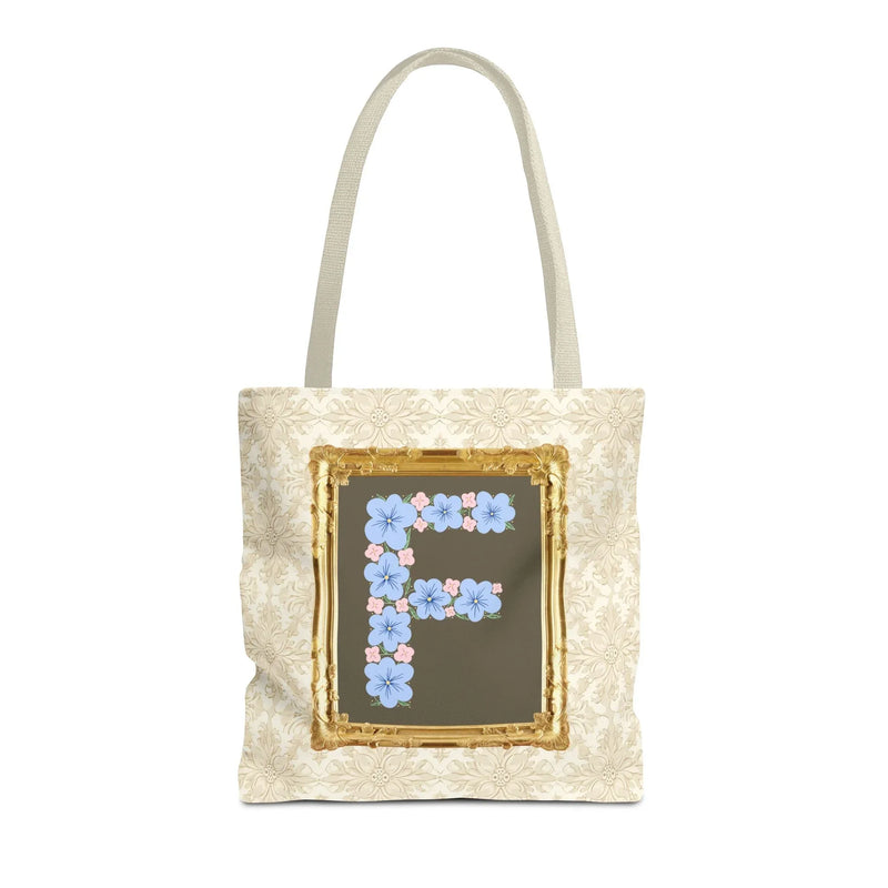 Colorful Floral Tote Bag with Framed Flower Letter, Boho Wildflower Vintage Aesthetic Tote Bag for Daughter or Co-Worker's Birthday: F - BIG FRENCHIES