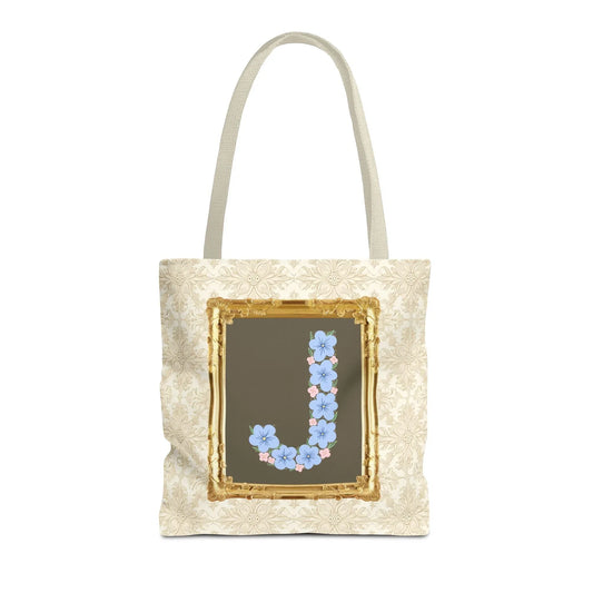 Colorful Floral Tote Bag with Framed Flower Letter, Boho Wildflower Vintage Aesthetic Tote Bag for Daughter or Co-Worker's Birthday: J - BIG FRENCHIES