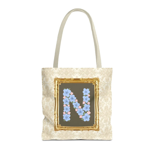 Colorful Floral Tote Bag with Framed Flower Letter, Boho Wildflower Vintage Aesthetic Tote Bag for Daughter or Co-Worker's Birthday: N - BIG FRENCHIES