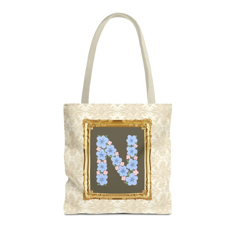 Colorful Floral Tote Bag with Framed Flower Letter, Boho Wildflower Vintage Aesthetic Tote Bag for Daughter or Co-Worker's Birthday: N - BIG FRENCHIES