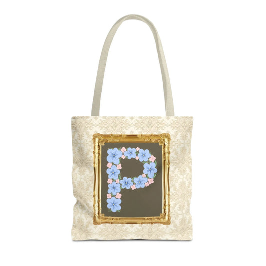 Colorful Floral Tote Bag with Framed Flower Letter, Boho Wildflower Vintage Aesthetic Tote Bag for Daughter or Co-Worker's Birthday: P - BIG FRENCHIES