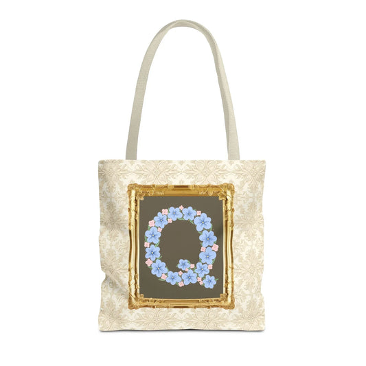 Colorful Floral Tote Bag with Framed Flower Letter, Boho Wildflower Vintage Aesthetic Tote Bag for Daughter or Co-Worker's Birthday: Q - BIG FRENCHIES