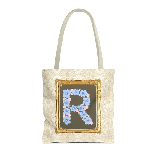 Colorful Floral Tote Bag with Framed Flower Letter, Boho Wildflower Vintage Aesthetic Tote Bag for Daughter or Co-Worker's Birthday: R - BIG FRENCHIES