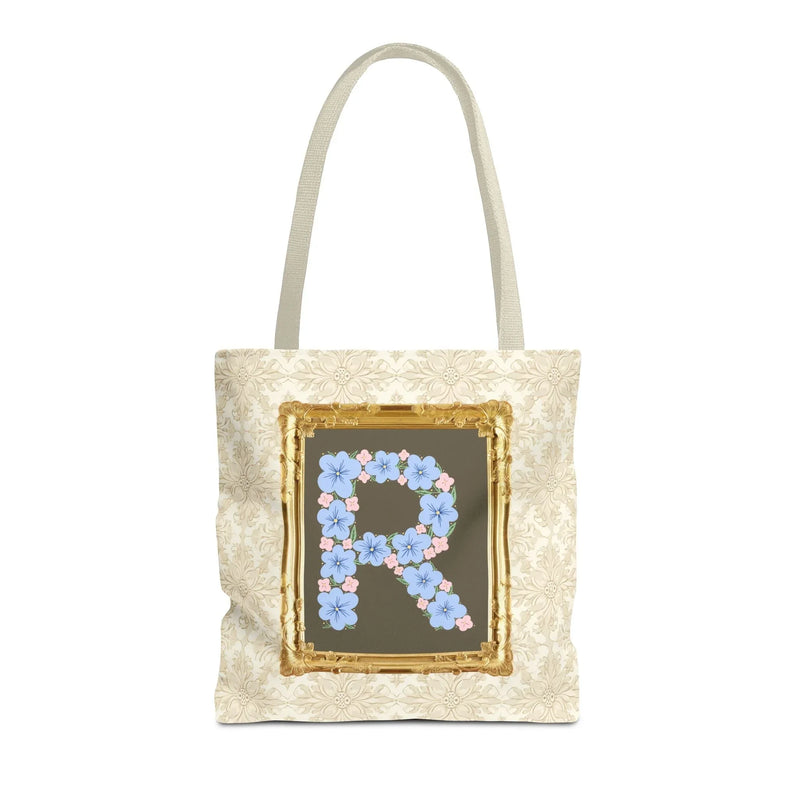 Colorful Floral Tote Bag with Framed Flower Letter, Boho Wildflower Vintage Aesthetic Tote Bag for Daughter or Co-Worker's Birthday: R - BIG FRENCHIES