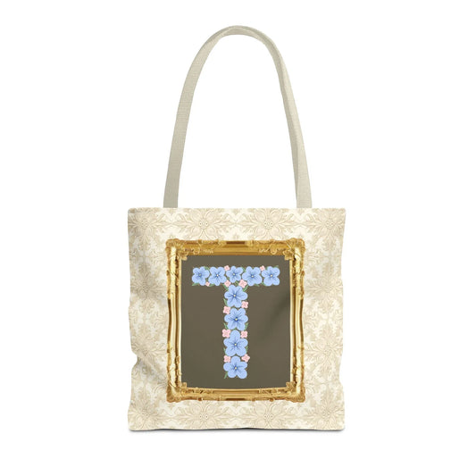 Colorful Floral Tote Bag with Framed Flower Letter, Boho Wildflower Vintage Aesthetic Tote Bag for Daughter or Co-Worker's Birthday: T - BIG FRENCHIES