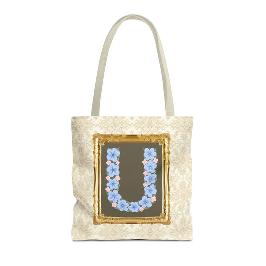 Colorful Floral Tote Bag with Framed Flower Letter, Boho Wildflower Vintage Aesthetic Tote Bag for Daughter or Co-Worker's Birthday: U - BIG FRENCHIES