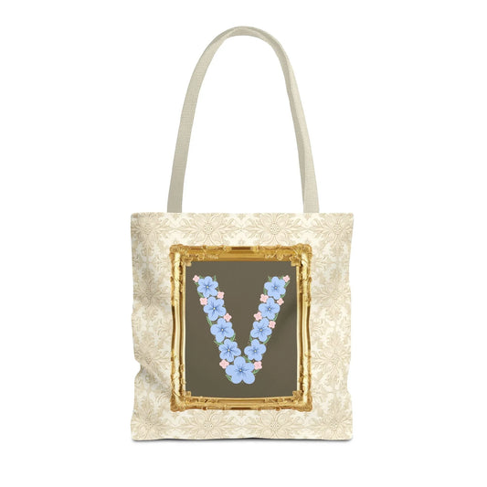 Colorful Floral Tote Bag with Framed Flower Letter, Boho Wildflower Vintage Aesthetic Tote Bag for Daughter or Co-Worker's Birthday: V - BIG FRENCHIES