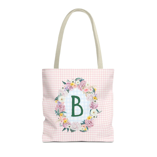 Colorful Floral Tote Bag with Initial and Cute Gingham Pattern, Pink and Green Tote Bag for Daughter or Sorority Sister, Birthday Gift: B - BIG FRENCHIES