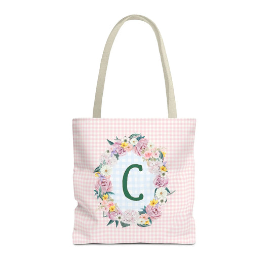 Colorful Floral Tote Bag with Initial and Cute Gingham Pattern, Pink and Green Tote Bag for Daughter or Sorority Sister, Birthday Gift: C - BIG FRENCHIES