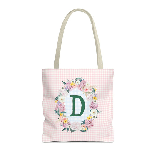 Colorful Floral Tote Bag with Initial and Cute Gingham Pattern, Pink and Green Tote Bag for Daughter or Sorority Sister, Birthday Gift: D - BIG FRENCHIES