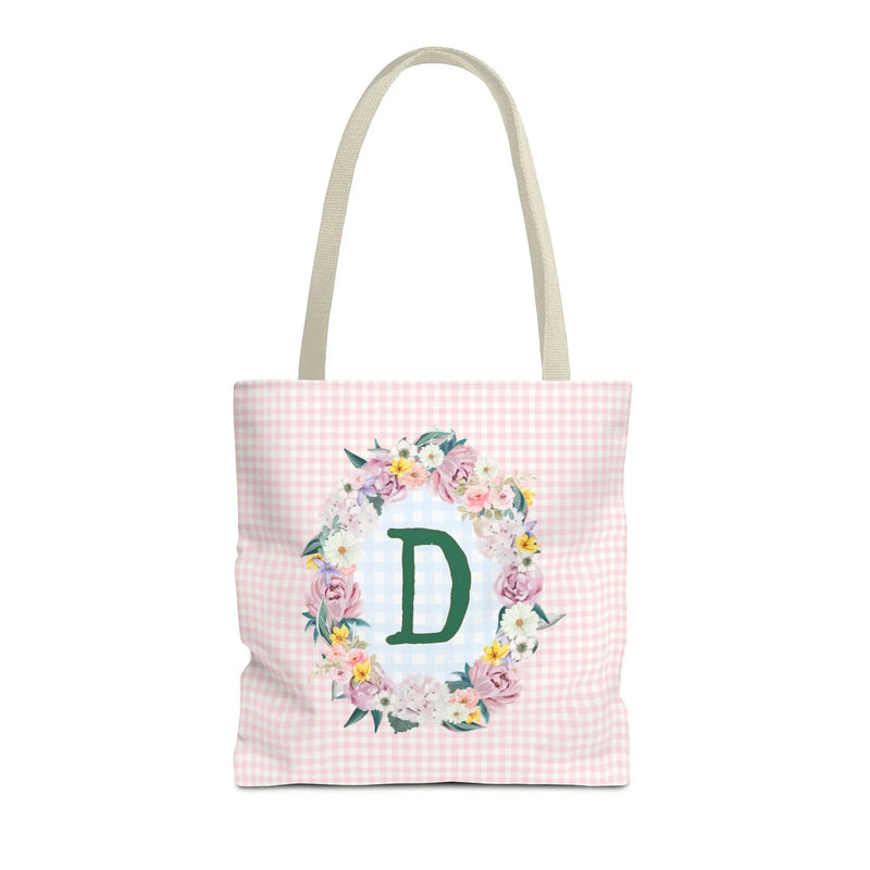 Colorful Floral Tote Bag with Initial and Cute Gingham Pattern, Pink and Green Tote Bag for Daughter or Sorority Sister, Birthday Gift: D - BIG FRENCHIES