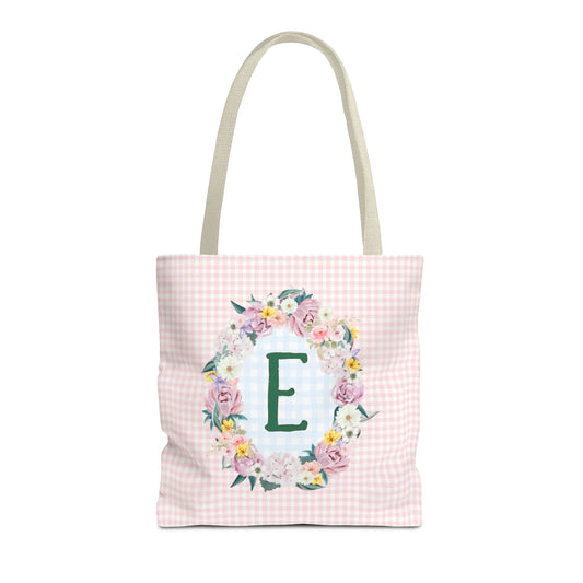 Colorful Floral Tote Bag with Initial and Cute Gingham Pattern, Pink and Green Tote Bag for Daughter or Sorority Sister, Birthday Gift: E - BIG FRENCHIES