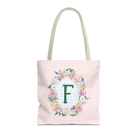Colorful Floral Tote Bag with Initial and Cute Gingham Pattern, Pink and Green Tote Bag for Daughter or Sorority Sister, Birthday Gift: F - BIG FRENCHIES
