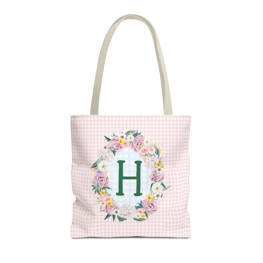 Colorful Floral Tote Bag with Initial and Cute Gingham Pattern, Pink and Green Tote Bag for Daughter or Sorority Sister, Birthday Gift: H - BIG FRENCHIES